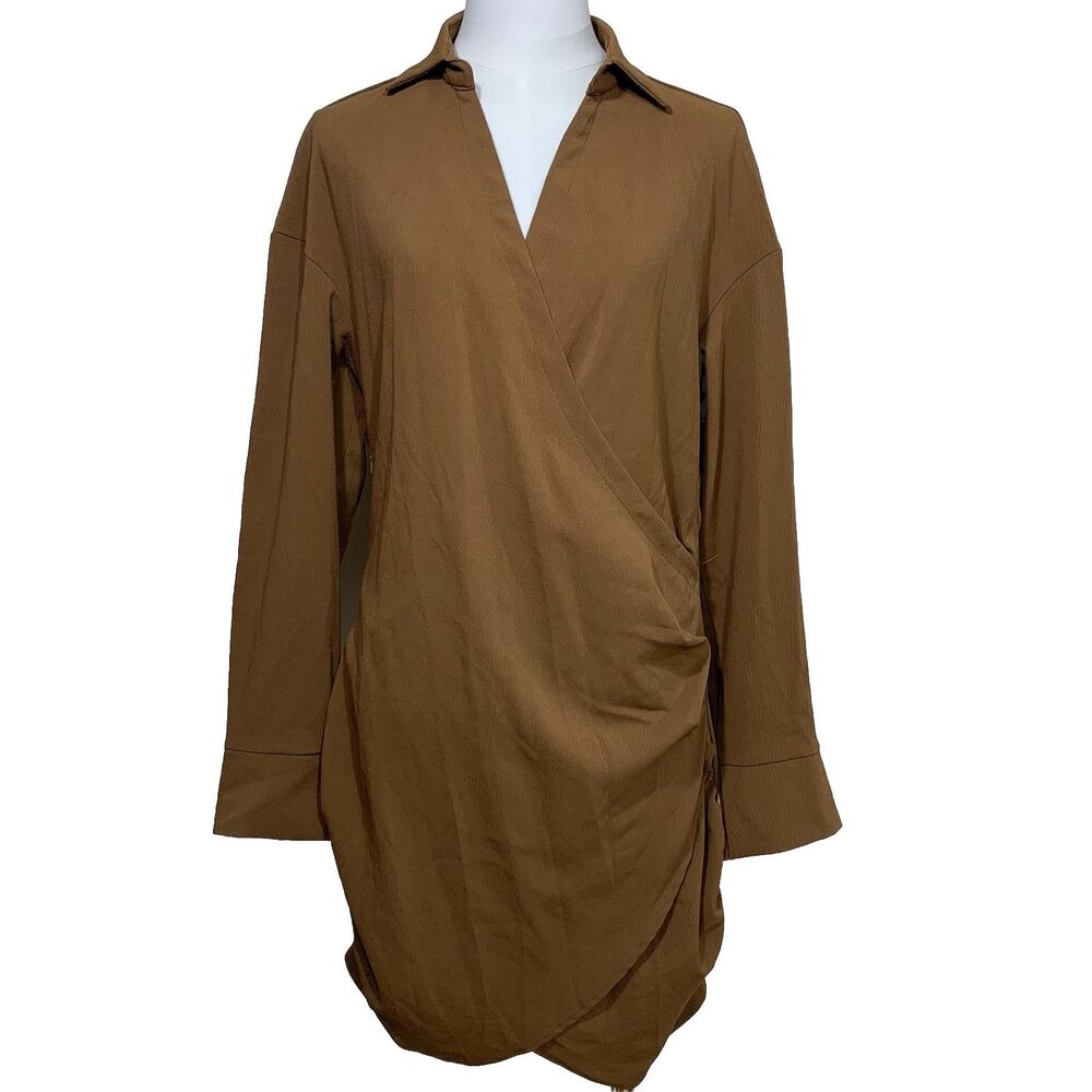 SHEIN Wrap‎ Mini Dress Womens Size M Brown Long Sleeve Ruched Collared Crepe